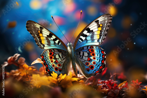 A butterfly in flight, leaving a trail of colorful patterns, portraying the transformative and visually impactful nature of influential concepts. Concept of transformative influence. Generative Ai.