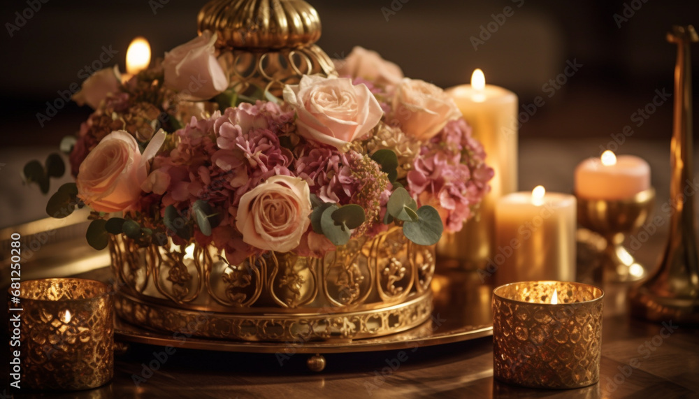 Elegant candlelight arrangement luxury vase, pink flowers, ornate candlestick holder generated by AI