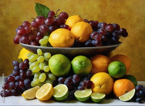 Plato de frutas con uvas negras y blancas  limones  naranjas  limones en rodajas. sobre la mesa  con un fondo de pared color ocre.