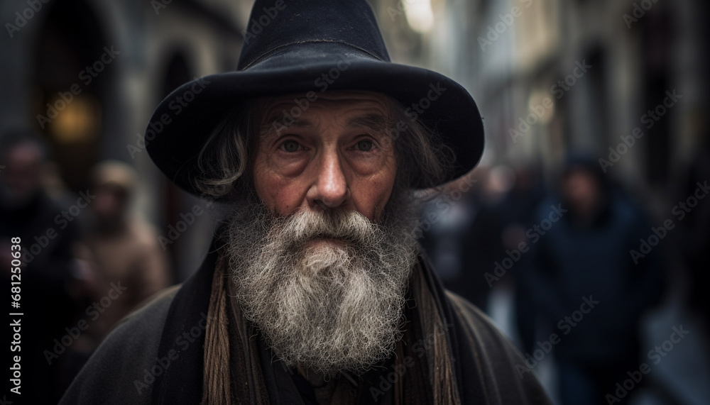 Old fashioned senior man with gray beard walking in city streets generated by AI Old fashioned senior man with gray beard walking in city streets generated by AI