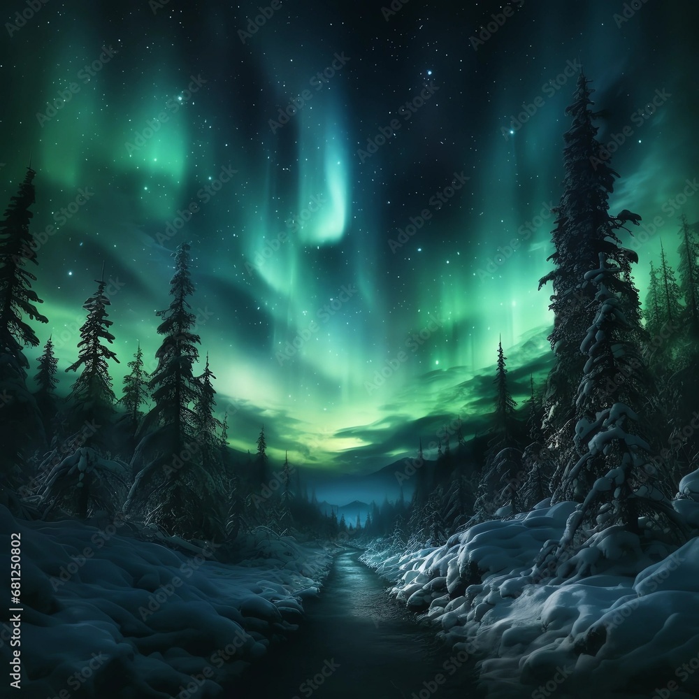 Aurora borealis over the frosty forest. Green northern lights above mountains. Night nature landscape with polar lights Aurora borealis over the frosty forest. Green northern lights above mountains. Night nature landscape with polar lights