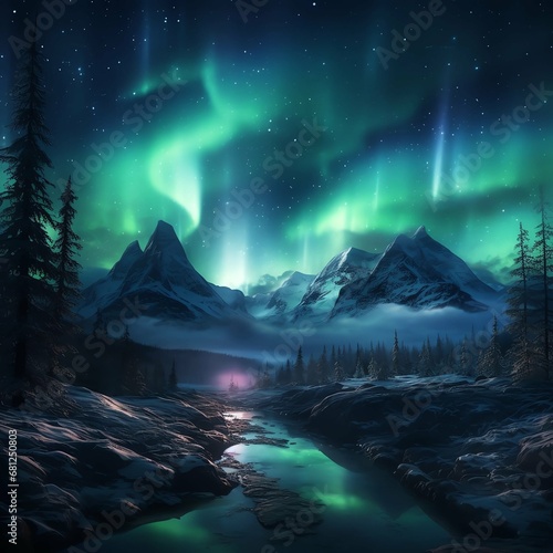 Aurora borealis over the frosty forest. Green northern lights above mountains. Night nature landscape with polar lights