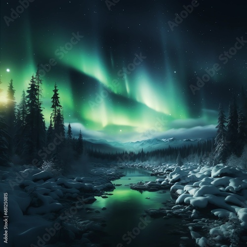 Aurora borealis over the frosty forest. Green northern lights above mountains. Night nature landscape with polar lights © Jan