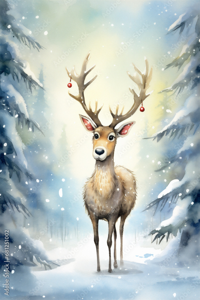 Watercolor Painting Christmas Winter Reindeer, Generative AI Watercolor Painting Christmas Winter Reindeer, Generative AI