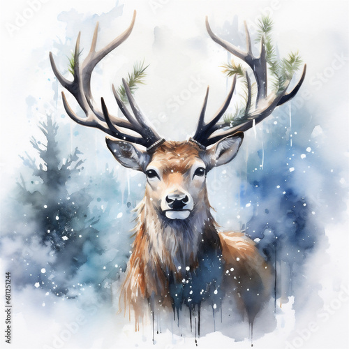 Watercolor Painting Christmas Winter Reindeer, Generative AI © HRTNT Media