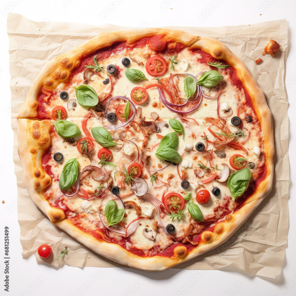 Tasty margherita pizza against a white background