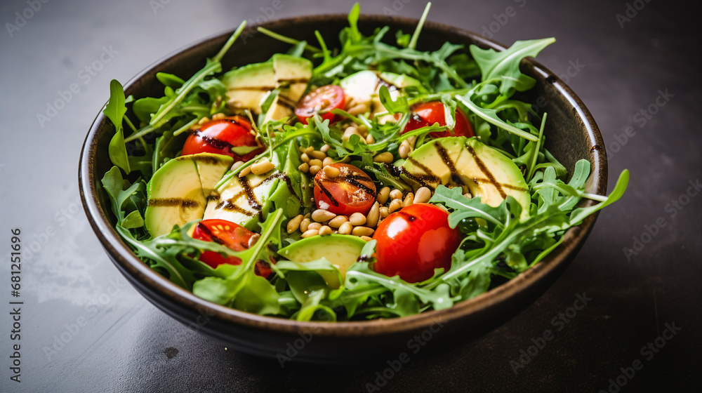 Arugula salad with grilled avocado, cherry tomatoes, and pine nuts
