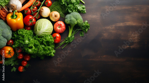 Various fresh vegetables on a rustic dark wooden background