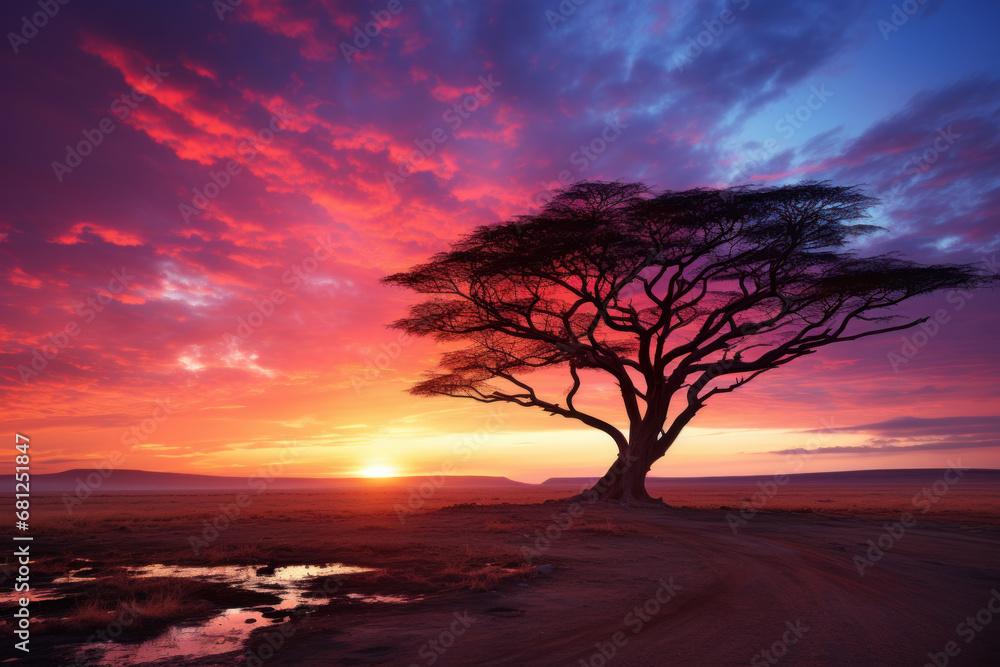 The vibrant colors of a Masai Mara sunrise, painting the sky with hues of pink and orange over the vast grasslands. Concept of dawn in the savannah. Generative Ai. The vibrant colors of a Masai Mara sunrise, painting the sky with hues of pink and orange over the vast grasslands. Concept of dawn in the savannah. Generative Ai.
