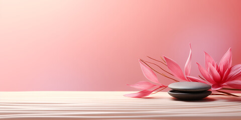 Zen stones, velvet sand and lotus flower on pink background witn copy space, wellness and harmony, massage and bodycare, spa and wellness concept