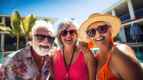 Three happy seniors share joyful moment under tropical sun in Vacation, resort setting, radiant smiles and holiday attire reflecting a carefree retirement lifestyle, Retirement and Leisure concept © GT77