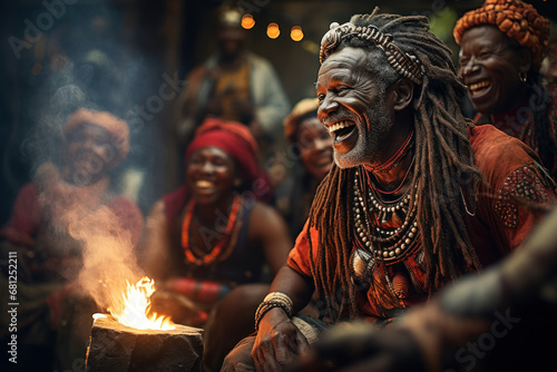 A traditional storyteller captivating an audience with tales passed down through generations, emphasizing the oral traditions of African cultures. Concept of narrative heritage. Generative Ai. photo