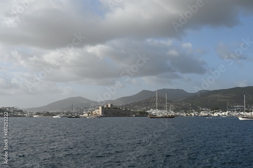 View of Bodrum Turkiye Castle and Harbor backed by Mountains from the Mediterranean