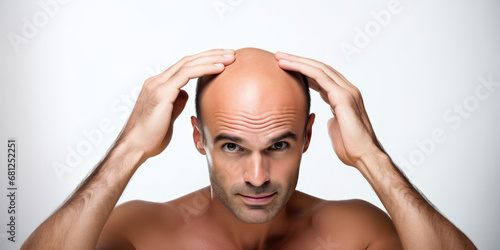 middle-aged bald man with with his hands on his head﻿ - concept of hair loss