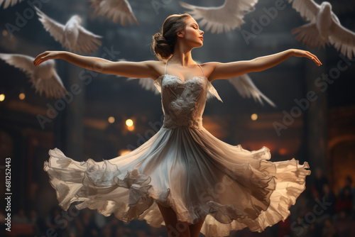 A graceful ballerina performing a mesmerizing dance on a grand stage. Concept of artistic expression and dedication. Generative Ai. photo