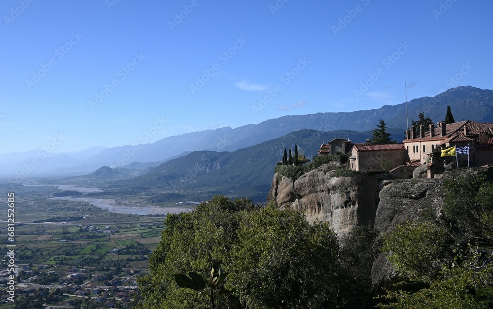 Aerial View of Greek Valley near the Meteora Monasteries with  St. Stephen Monastery on the Rocks