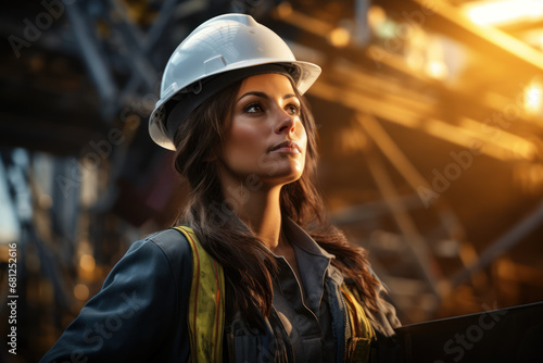 A woman engineer overseeing a major construction project, contributing to infrastructure and development. Generative Ai. © Sebastian