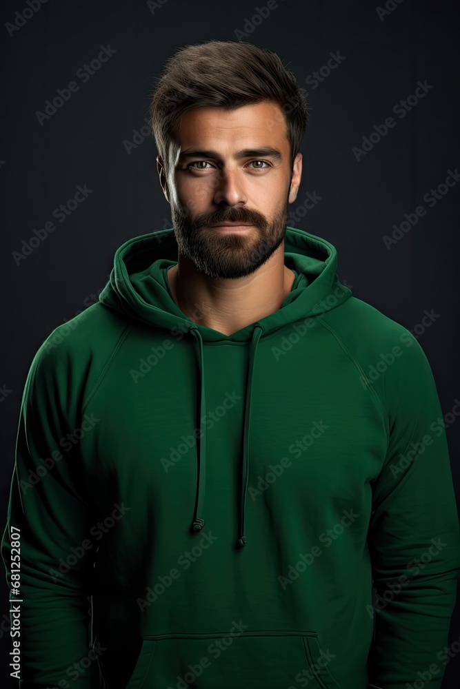 Stylish Bearded Man, Green Hoodie, Dark Backdrop Stylish Bearded Man, Green Hoodie, Dark Backdrop