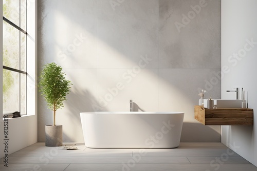 Sunny Minimalist Bathroom with Plant and Wood Vanity