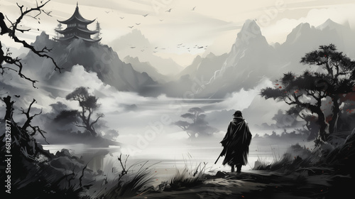 Illustration of a japanese man walking in the fog.