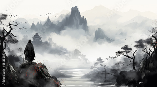 Digital painting of a monk standing on a cliff above the river.