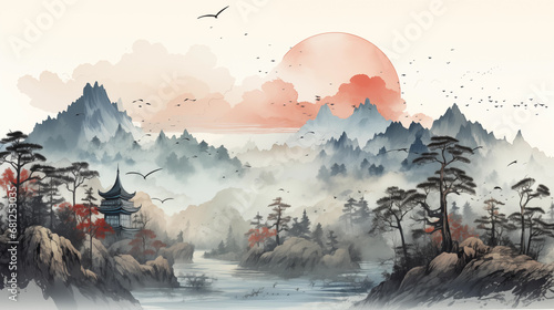Wallpaper Mural Mountain landscape with lake, forest and pagoda. Digital painting. Torontodigital.ca