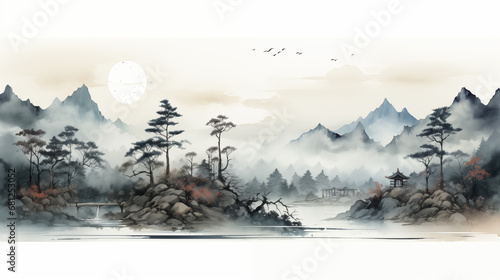 Panoramic view of misty mountains and river. Digital painting.