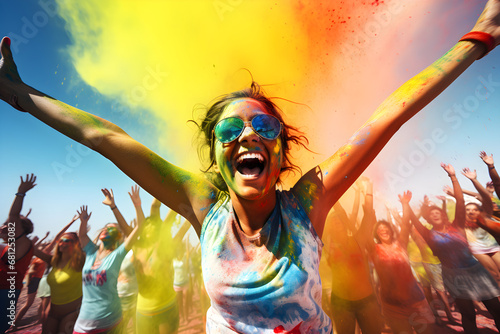 Exuberant Woman Celebrating at Colorful Festival