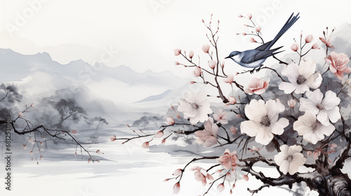 Watercolor painting of cherry blossom with bird on white background.