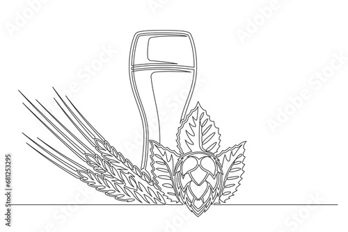 Continuous one line beer glass with spikelet and hop. Vintage glass with spikelet and hop isolated on a white background. Beer brewer concept. Vector illustration