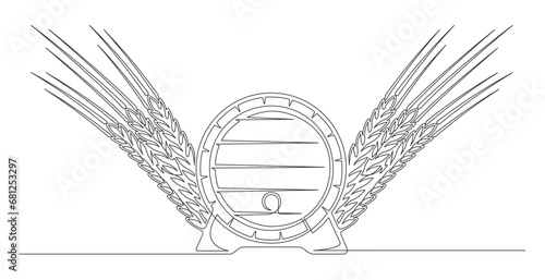 Continuous one line barrel keg with spikelet. Vintage barrel keg with spikelet isolated on a white background. Beer brewer concept. Vector illustration