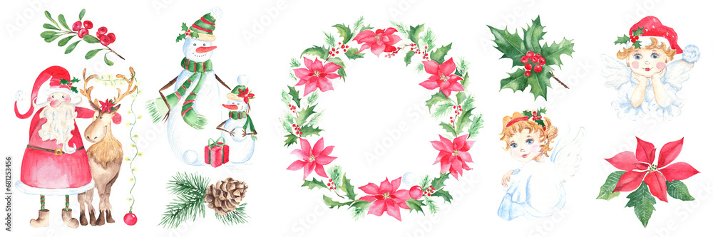 Set of Christmas illustrations: two angels, cute snowman family and Santa Claus with a reindeer, winter plants and wreath: pine branches with cone, red poinsettia, holly and cowberry. Watercolor hand