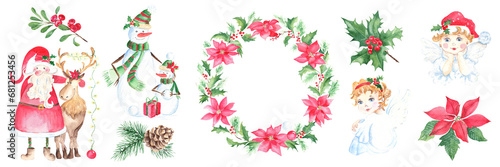 Set of Christmas illustrations: two angels, cute snowman family and Santa Claus with a reindeer, winter plants and wreath: pine branches with cone, red poinsettia, holly and cowberry. Watercolor hand