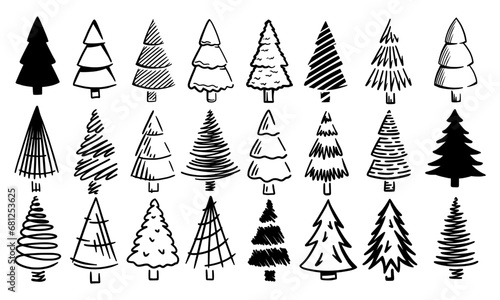 Christmas trees set in a simple style hand drawn. Xmas trees isolated on a white background. Icon design. Vector illustration