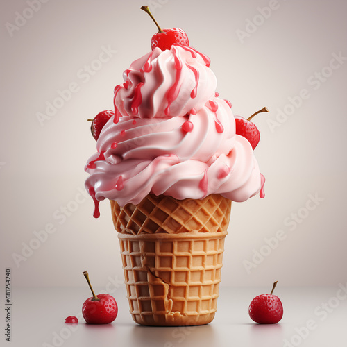 Realistic Melted Strawberry Ice Cream on A Waffle Cone advertising, isolated background