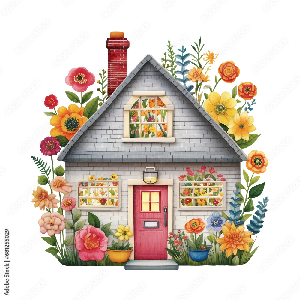 house with flowers and birds