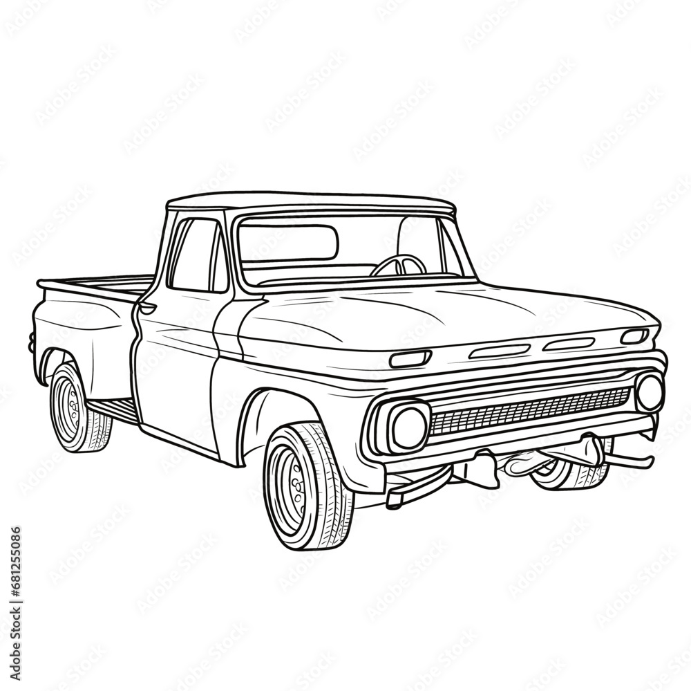 Old retro pickup truck vector illustration line art. Vintage transport