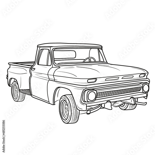 Old retro pickup truck vector illustration line art. Vintage transport vehicle. Farming workhorse Isolated on White Background