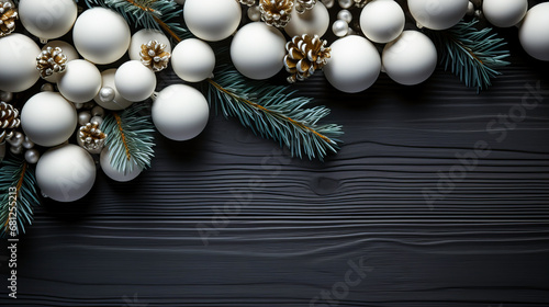 Christmas background with white baubles and fir branches on black wooden background. Generative AI technology.