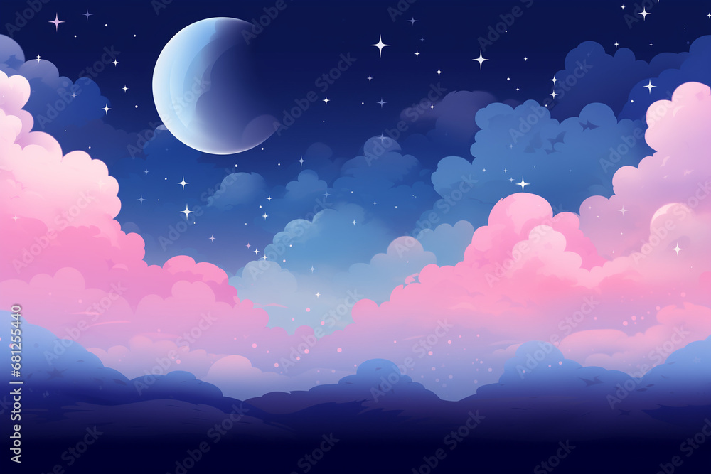 Watercolor sunset or sunrise sky. Magic night sky with pink and purple clouds and moon. Beautiful nature concept. Design for textile, fabric, paper, print, banner