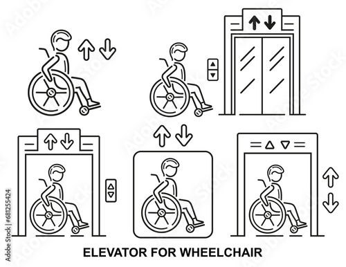 Accessible elevator, stair lift for person with disability in wheelchair line icon set. Transportation by floors hospital patient with physical health disorder seating in medical wheel chair. Vector