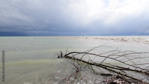 The sun breaks through the clouds and reflects off the waves of the lake. A tree branch lies in the water in the shallows