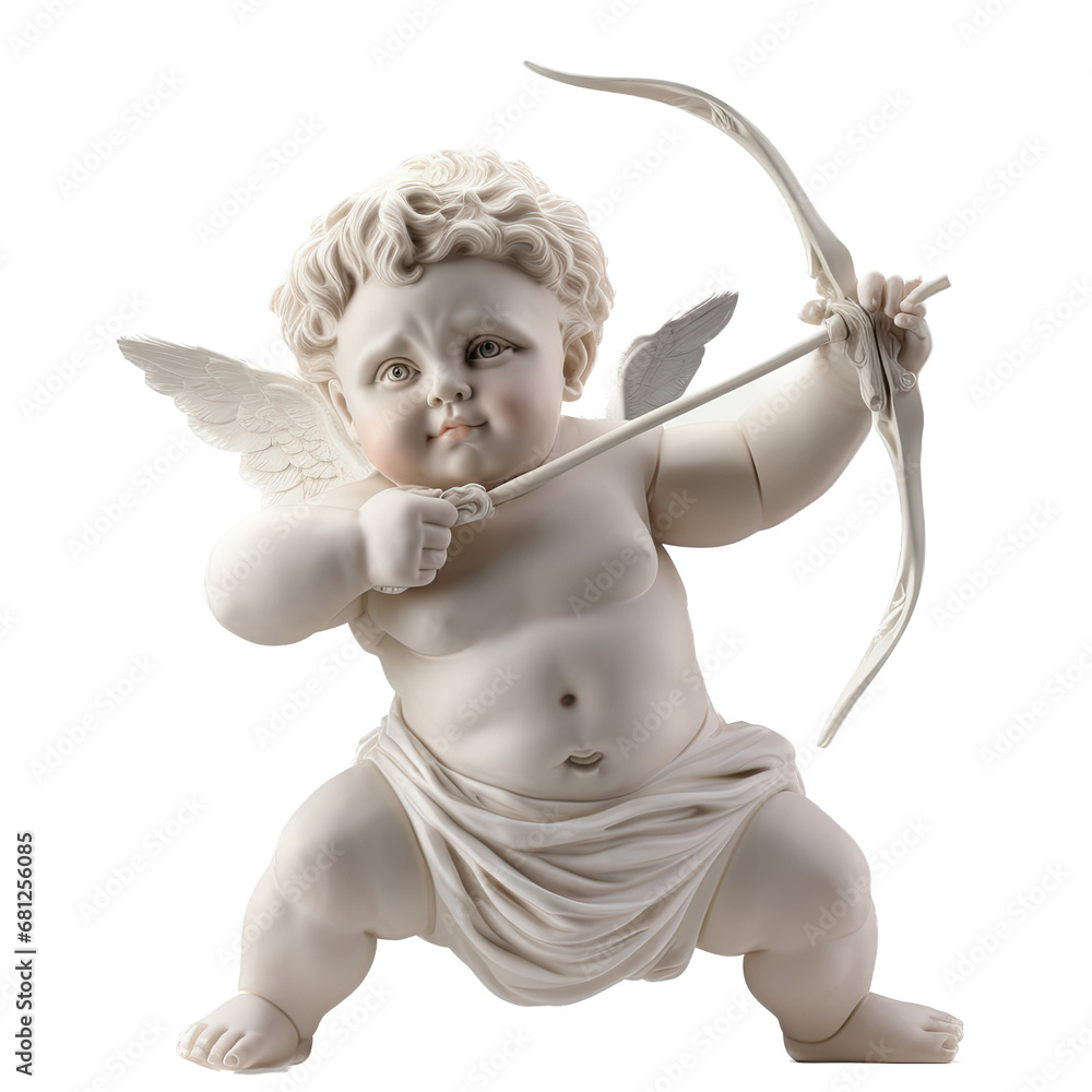 Fototapeta premium a statue of Cupid, a chubby Cherib with a drawn bow, side view, in a PNG, Valentine-themed, isolated, and transparent photorealistic illustration. Generative ai