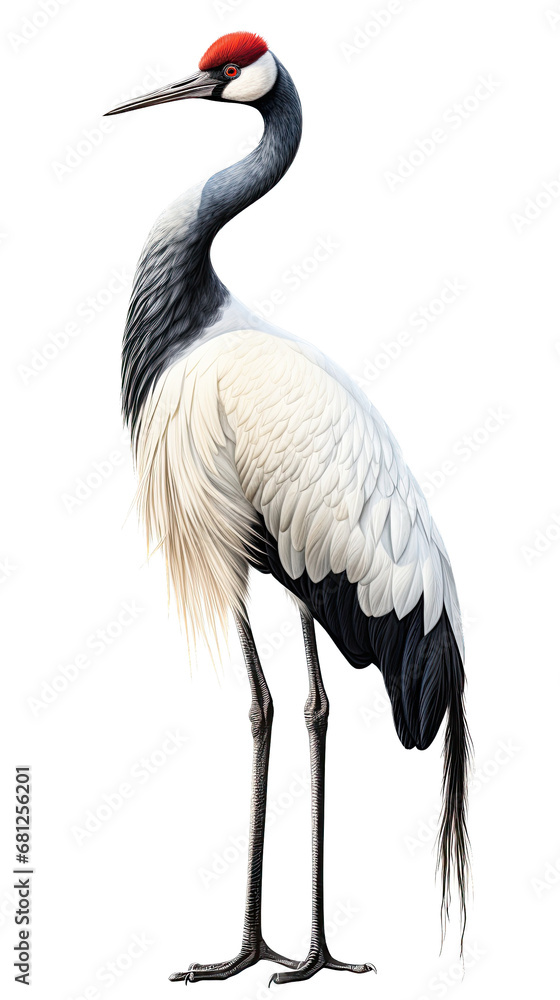 Fototapeta premium a red-crowned crane (Grus japonensis) standing, full body, side view in a PNG, Nature-themed, isolated, and transparent photorealistic illustration. Generative ai
