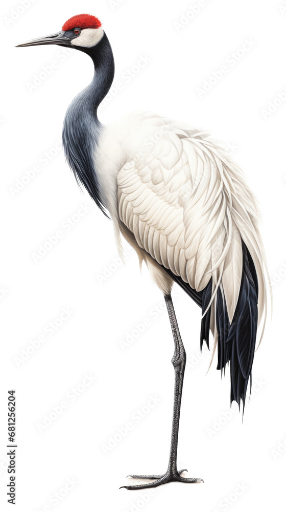a red-crowned crane (Grus japonensis) standing, full body, side view in a PNG, Nature-themed, isolated, and transparent photorealistic illustration. Generative ai a red-crowned crane (Grus japonensis) standing, full body, side view in a PNG, Nature-themed, isolated, and transparent photorealistic illustration. Generative ai