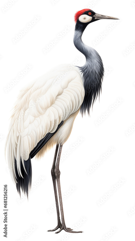 a red-crowned crane (Grus japonensis) standing, full body, side view in a PNG, Nature-themed, isolated, and transparent photorealistic illustration. Generative ai a red-crowned crane (Grus japonensis) standing, full body, side view in a PNG, Nature-themed, isolated, and transparent photorealistic illustration. Generative ai
