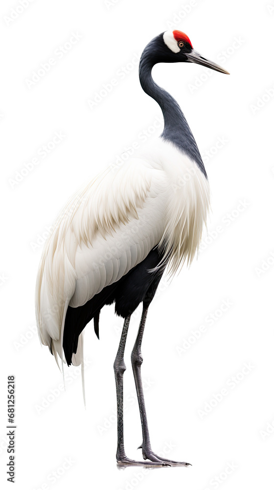 a red-crowned crane (Grus japonensis)  standing, full body, side view in a PNG, Nature-themed, isolated, and transparent photorealistic illustration. Generative ai