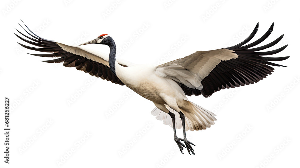 a red-crowned crane (Grus japonensis) in-flight, 3/4 view in a PNG, Nature-themed, isolated, and transparent photorealistic illustration Generative ai a red-crowned crane (Grus japonensis) in-flight, 3/4 view in a PNG, Nature-themed, isolated, and transparent photorealistic illustration Generative ai