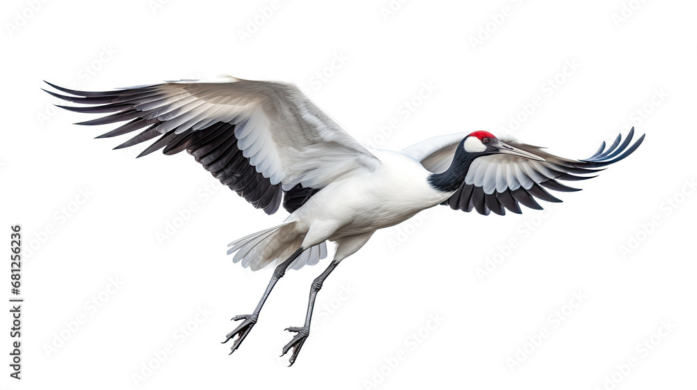 a red-crowned crane (Grus japonensis) in-flight, 3/4 view in a PNG, Nature-themed, isolated, and transparent photorealistic illustration Generative ai a red-crowned crane (Grus japonensis) in-flight, 3/4 view in a PNG, Nature-themed, isolated, and transparent photorealistic illustration Generative ai