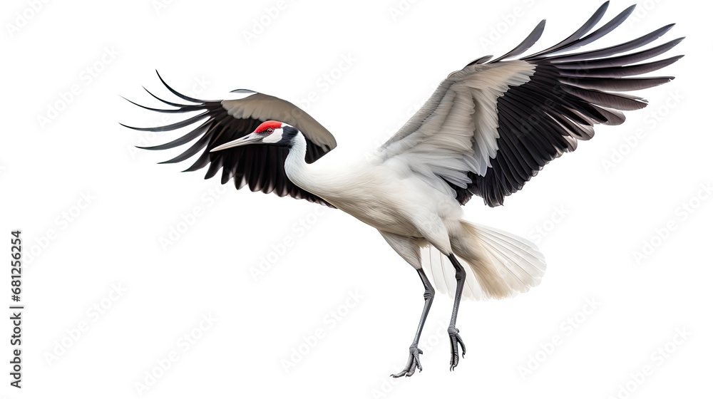 a red-crowned crane (Grus japonensis) in-flight, 3/4 view in a PNG, Nature-themed, isolated, and transparent photorealistic illustration Generative ai a red-crowned crane (Grus japonensis) in-flight, 3/4 view in a PNG, Nature-themed, isolated, and transparent photorealistic illustration Generative ai